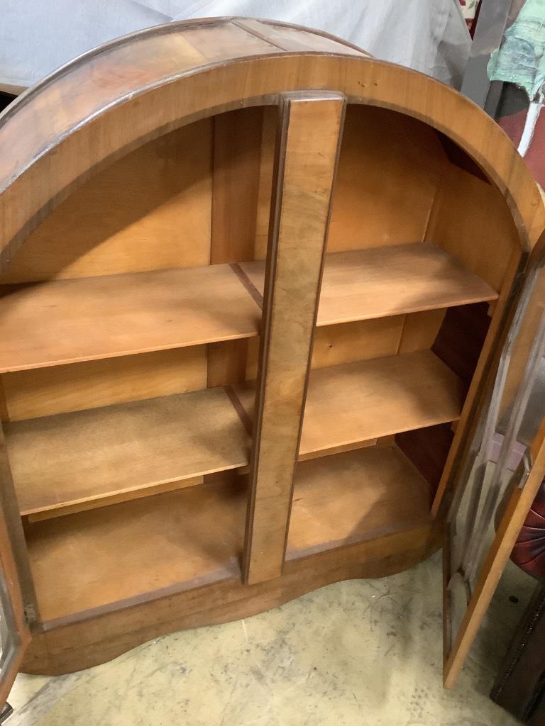 An Art Deco walnut display cabinet, width 120cm depth 33cm height 128cm